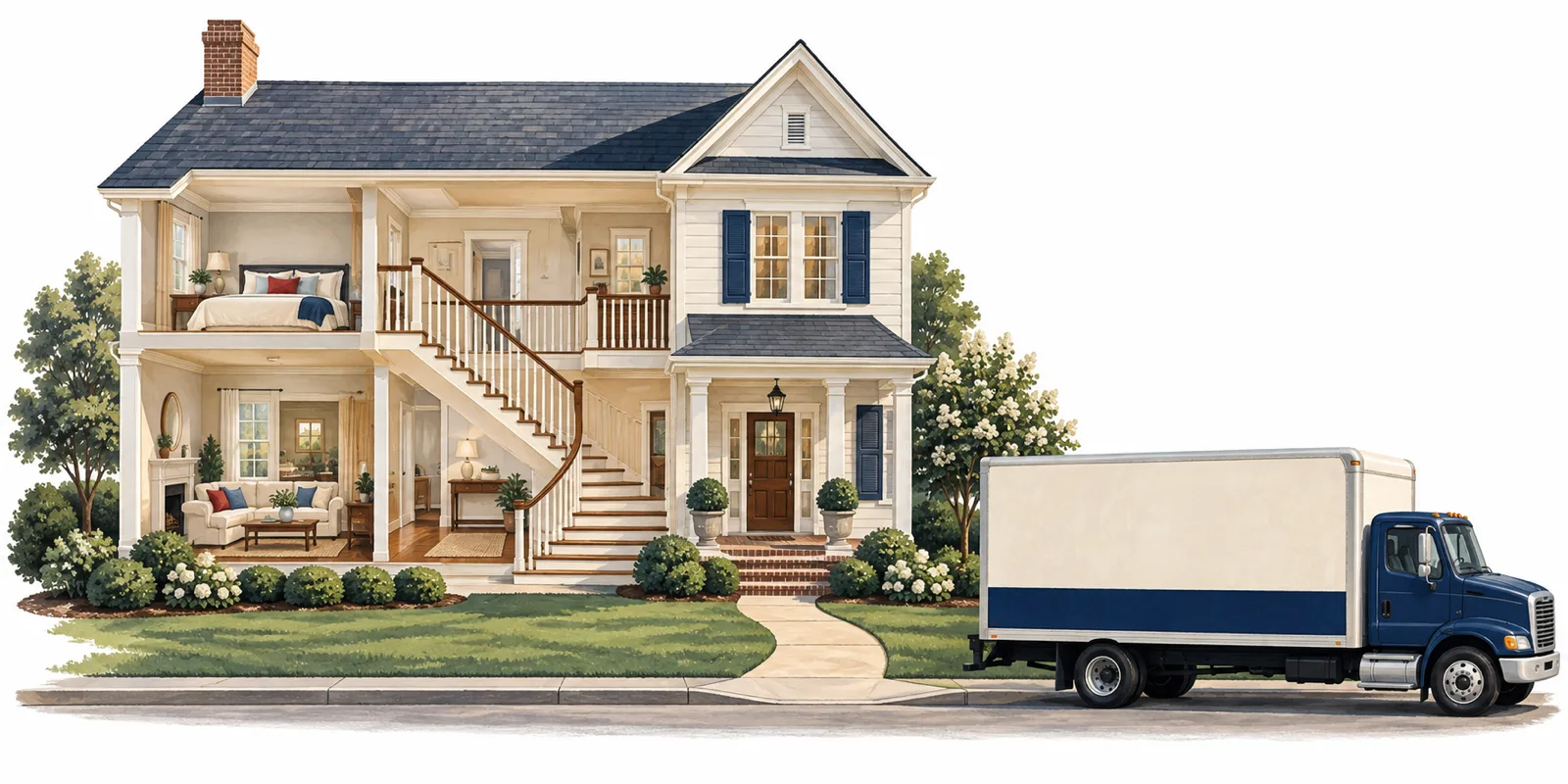 A two-story home in cross-section with its staircase, front door, the walk to the curb and a moving truck