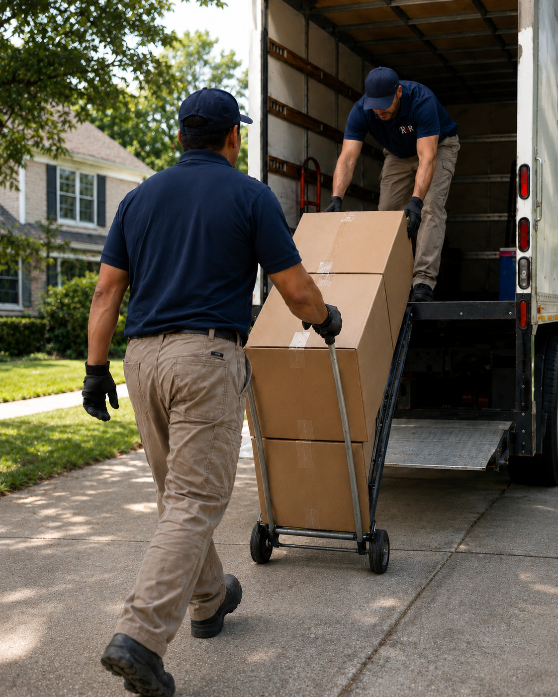 Room & Road moving crew carefully loading labeled boxes into a moving truck in a Georgia neighborhood