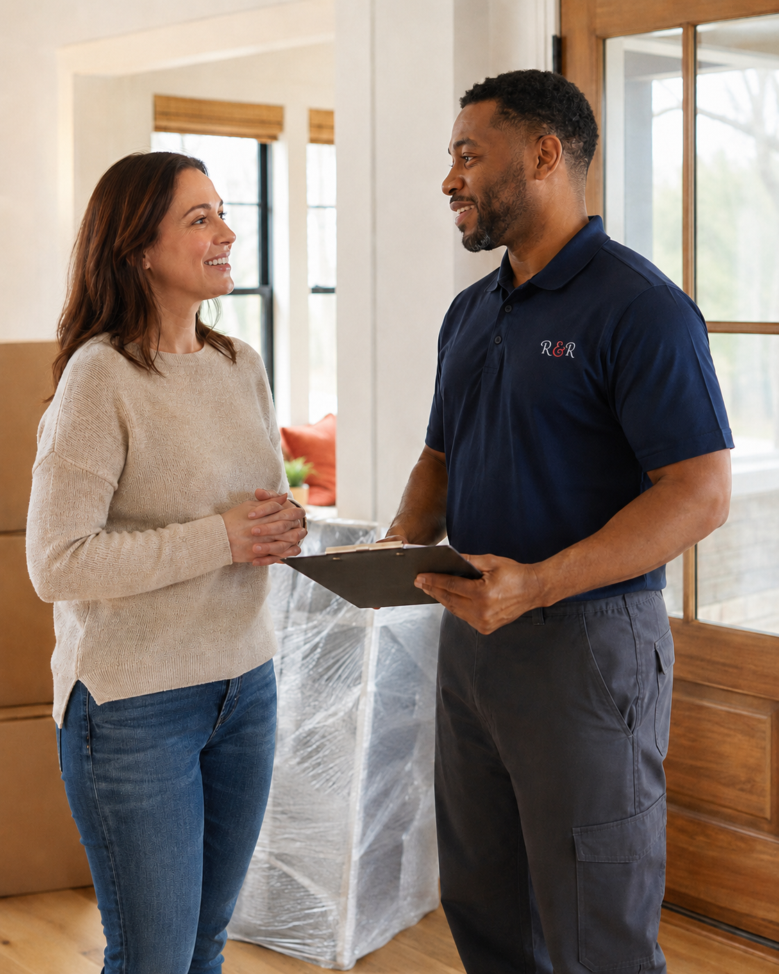 Room & Road mover reviewing the moving plan with a customer inside her Atlanta home