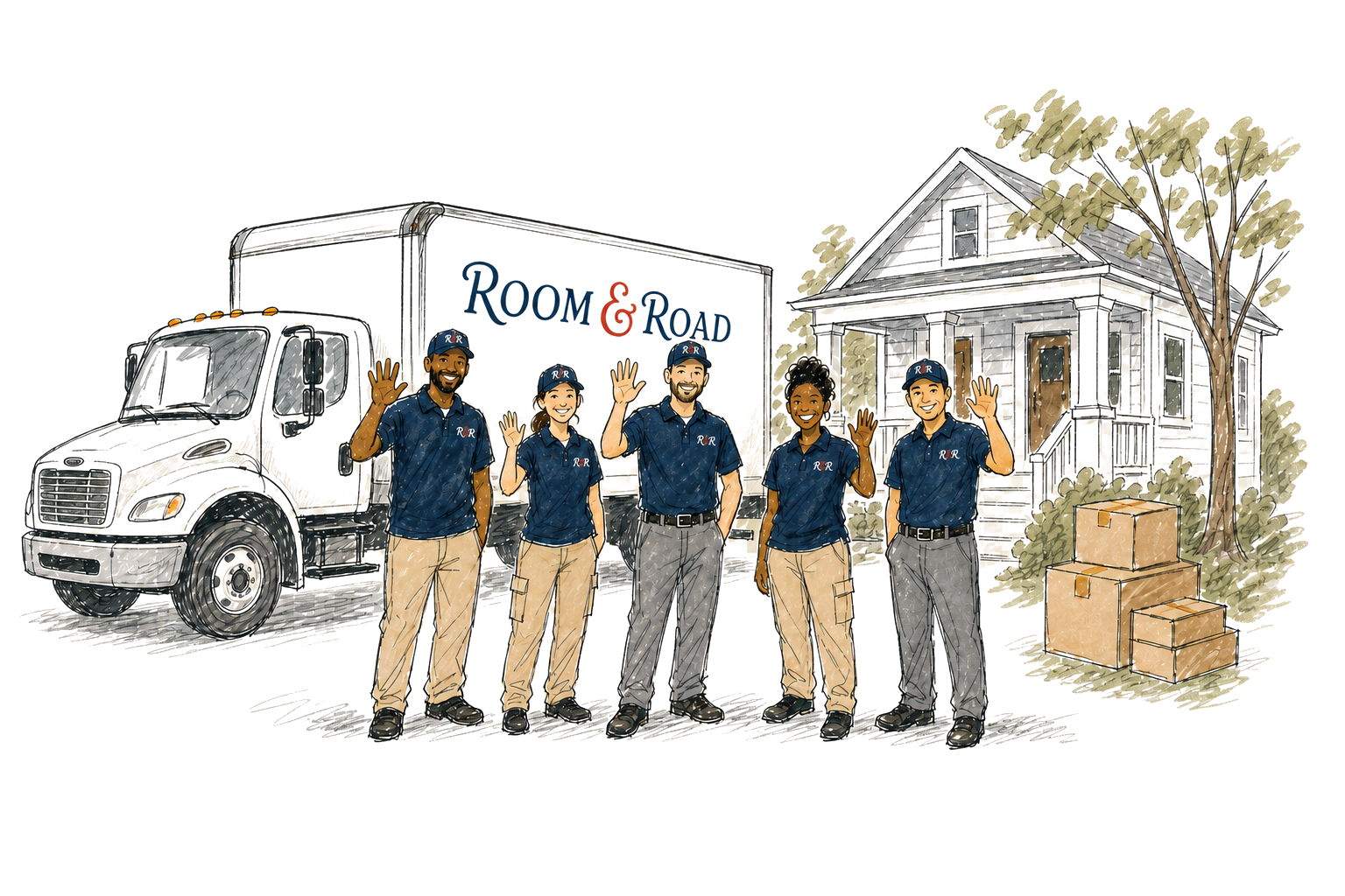 Illustrated Room & Road moving crew waving in front of a branded box truck and Georgia home