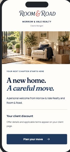 Co-branded client welcome screen with the Room & Road logo.