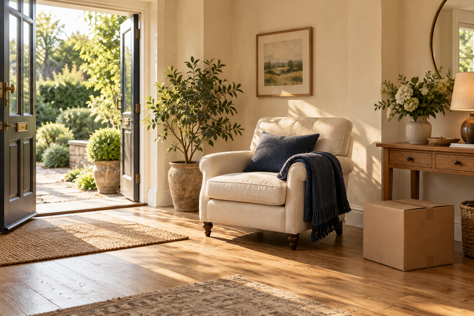A sunlit living room with warm neutral furnishings.